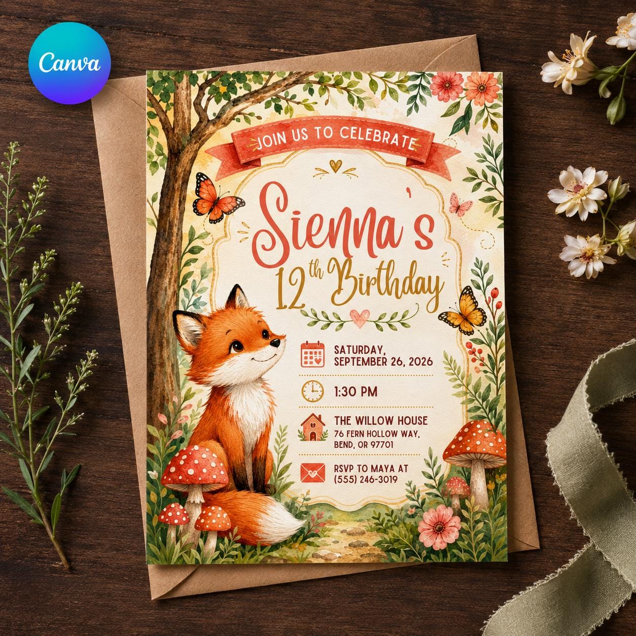 Woodland Fox Birthday Invitation, Cute Forest Animal 12th Birthday Invite, Editable Printable Canva Template