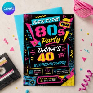 80s 40th Birthday Invitation, Retro Neon Back to the 80s Party Invite, Editable Printable Canva Template