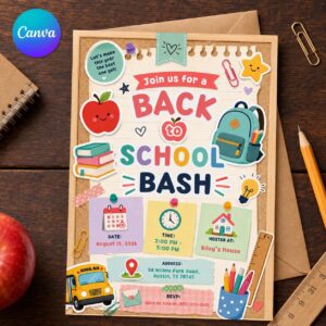 Back to School Bash Invitation, Cute Pastel School Party Invite, Editable Printable Canva Template