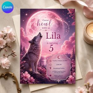 Wolf Birthday Invitation, Pink Moon Howling Wolf Girl Party, Mystical Woodland 5th Birthday Invite, Editable Canva Template
