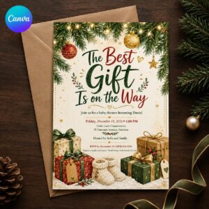 Christmas Baby Shower Invitation, Holiday Winter Invite, The Best Gift Is on the Way, Editable Printable Canva Template