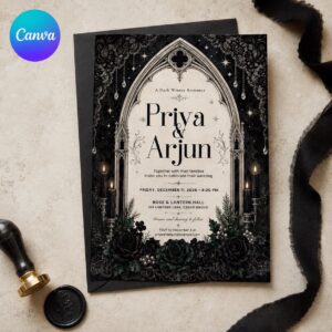 Gothic Wedding Invitation, Dark Romantic Winter Wedding Invite, Black Lace Victorian Floral Editable Printable Canva Template