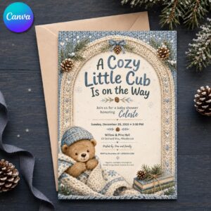 Winter Teddy Bear Baby Shower Invitation, Cozy Blue Snowflake Boy Invite, Christmas Woodland Editable Printable Canva Template
