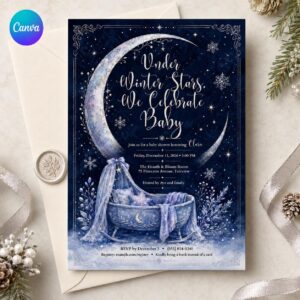 Celestial Baby Shower Invitation, Winter Moon and Stars Invite, Navy Blue Snowflake Shower, Editable Printable Canva Template