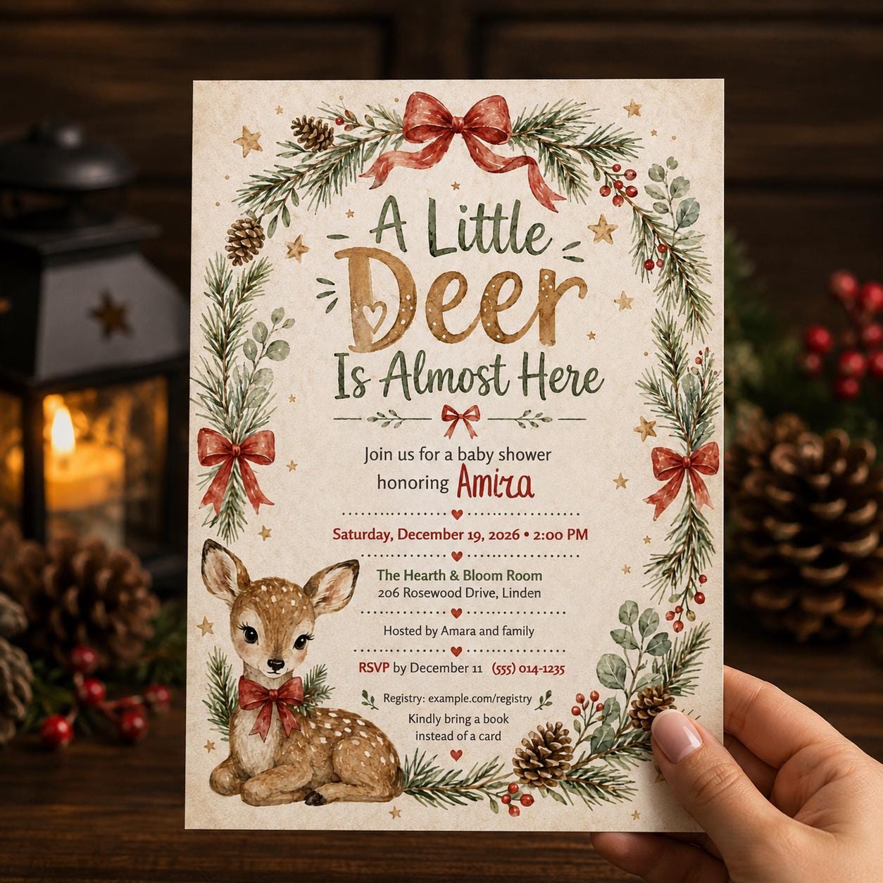 Woodland Deer Baby Shower Invitation, Little Deer Is Almost Here, Winter Christmas Gender Neutral Invite, Editable Canva Template - Image 4
