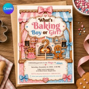 Gingerbread Gender Reveal Invitation, What's Baking Boy or Girl Christmas Reveal, Pink Blue Holiday Invite Canva Template