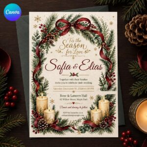 Christmas Wedding Invitation, Winter Greenery Wedding Invite, Burgundy Red Holiday Pine Printable Editable Canva Template