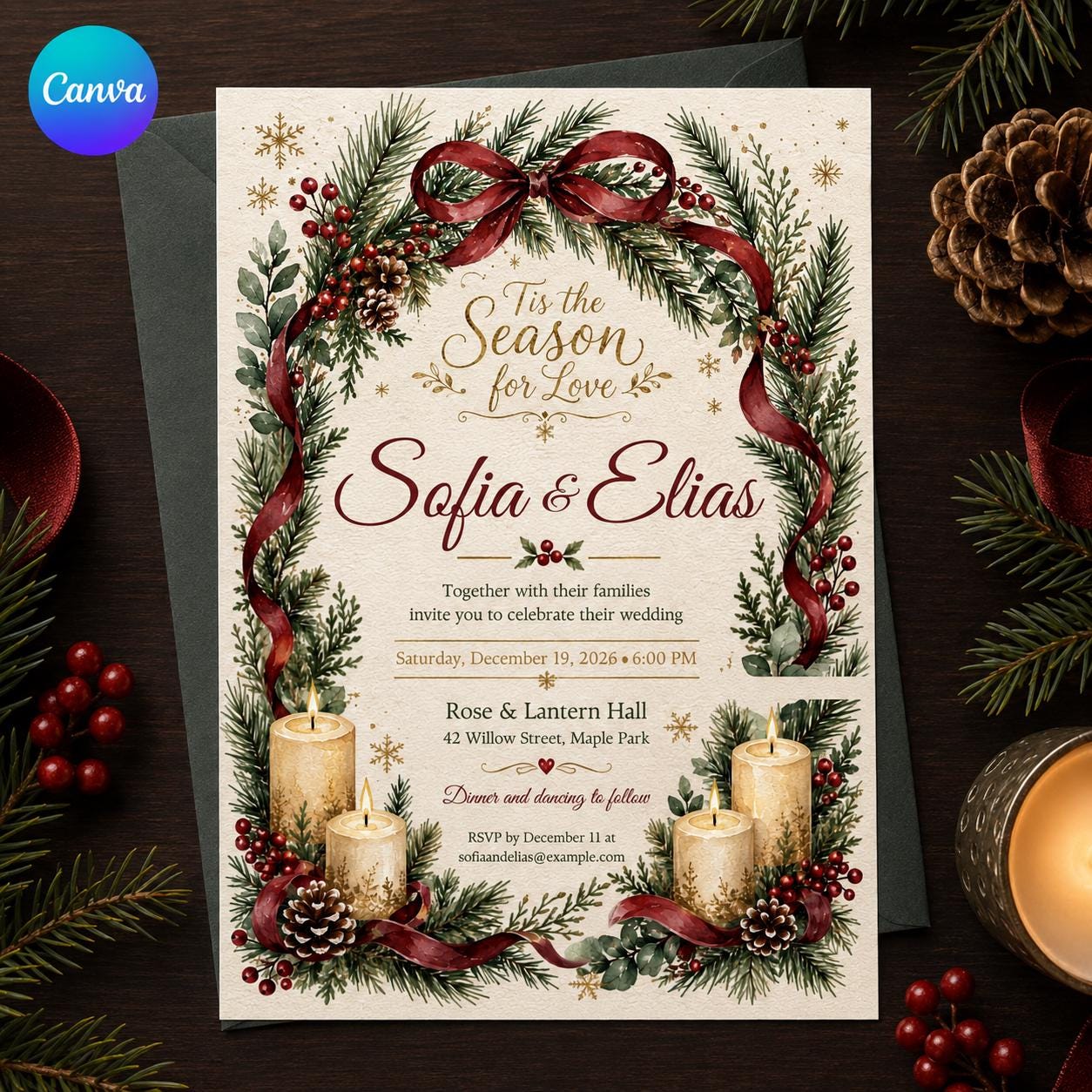 Christmas Wedding Invitation, Winter Greenery Wedding Invite, Burgundy Red Holiday Pine Printable Editable Canva Template