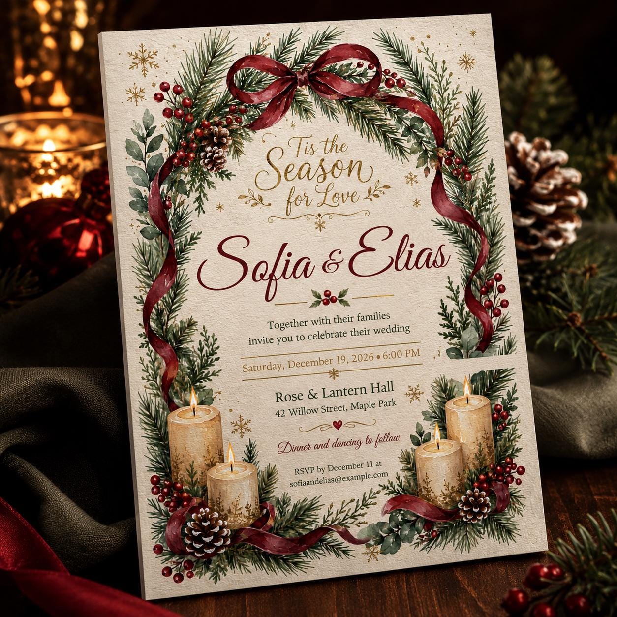 Christmas Wedding Invitation, Winter Greenery Wedding Invite, Burgundy Red Holiday Pine Printable Editable Canva Template - Image 6