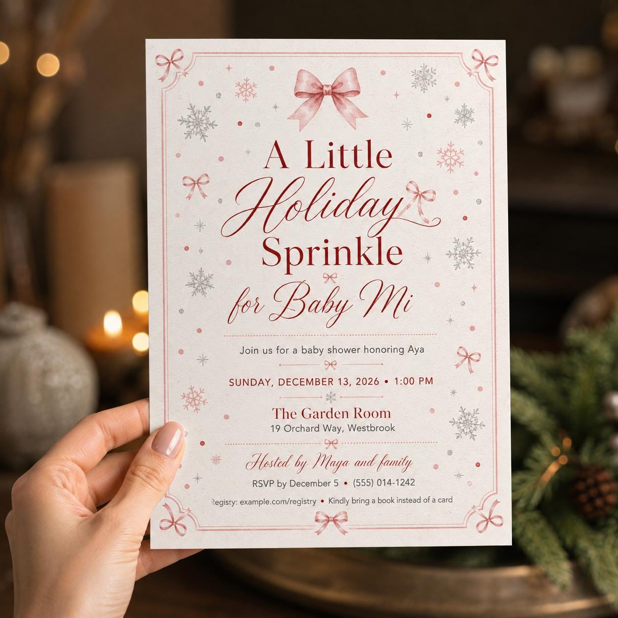Pink Winter Baby Shower Invitation, Little Holiday Sprinkle, Bow Snowflake Girl Shower Printable Editable Canva Template - Image 4
