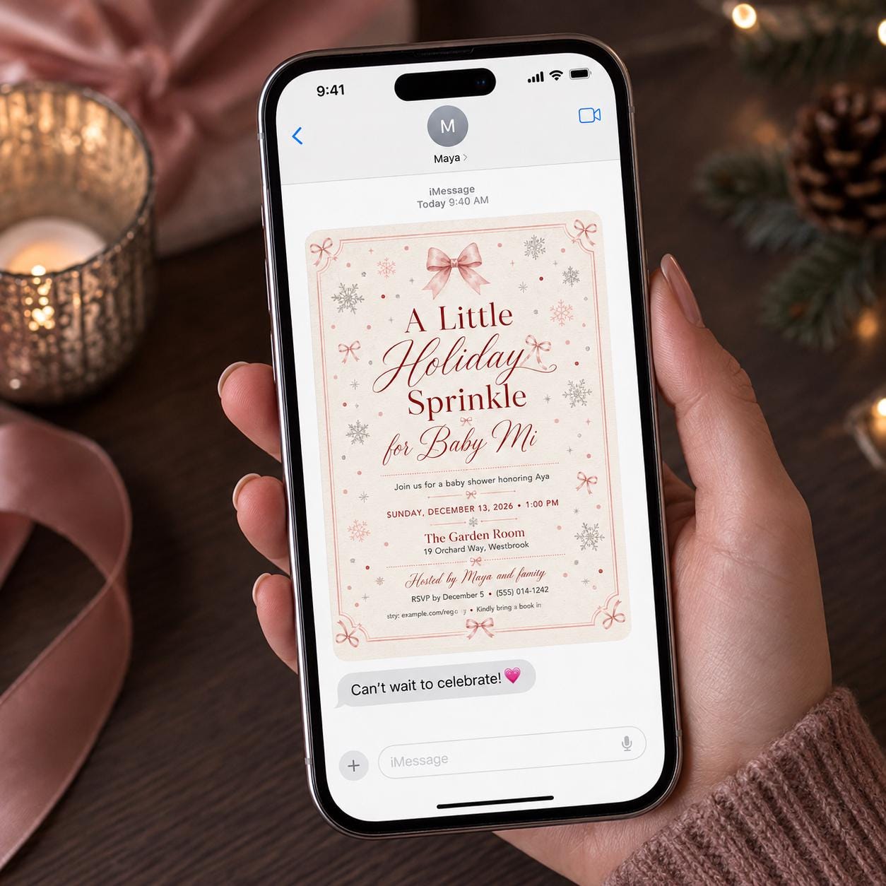 Pink Winter Baby Shower Invitation, Little Holiday Sprinkle, Bow Snowflake Girl Shower Printable Editable Canva Template - Image 3