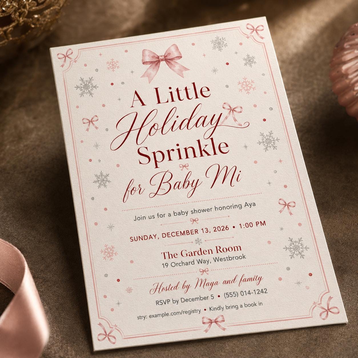 Pink Winter Baby Shower Invitation, Little Holiday Sprinkle, Bow Snowflake Girl Shower Printable Editable Canva Template - Image 6