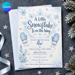 Blue Snowflake Baby Shower Invitation, Winter Wonderland Baby Boy Shower, Little Snowflake Printable Editable Canva Template