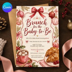 Christmas Baby Shower Brunch Invitation, Pink Red Holiday Baby-to-Be Brunch, Printable Editable Winter Canva Template