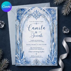 Winter Wedding Invitation, Blue Snowflake Invite, Icy Crystal December Ceremony, Editable Printable Canva Template
