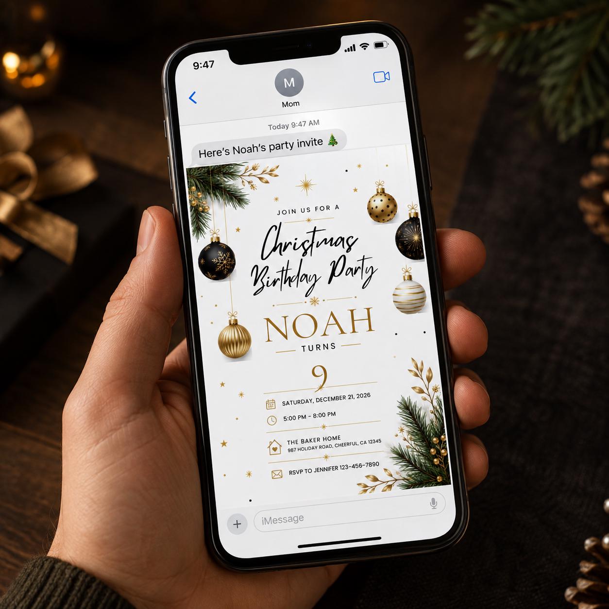 Christmas Birthday Invitation, Black Gold Holiday Party Invite, Elegant Winter Birthday Editable Canva Template - Image 3