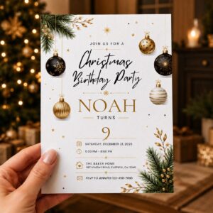 Christmas Birthday Invitation, Black Gold Holiday Party Invite, Elegant Winter Birthday Editable Canva Template