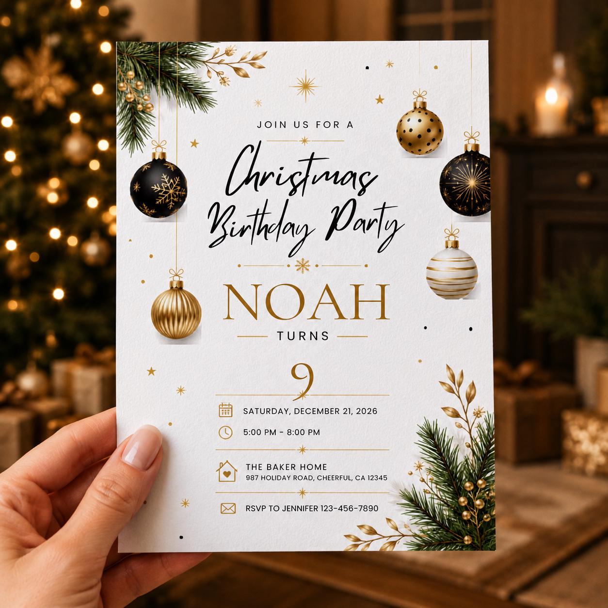 Christmas Birthday Invitation, Black Gold Holiday Party Invite, Elegant Winter Birthday Editable Canva Template