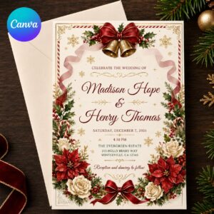 Christmas Wedding Invitation, Red Poinsettia Winter Wedding Invite, Holiday Greenery Bells Editable Canva Template
