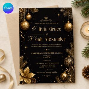 Christmas Wedding Invitation, Black and Gold Winter Wedding, Elegant Holiday Greenery, Editable Printable Canva Template