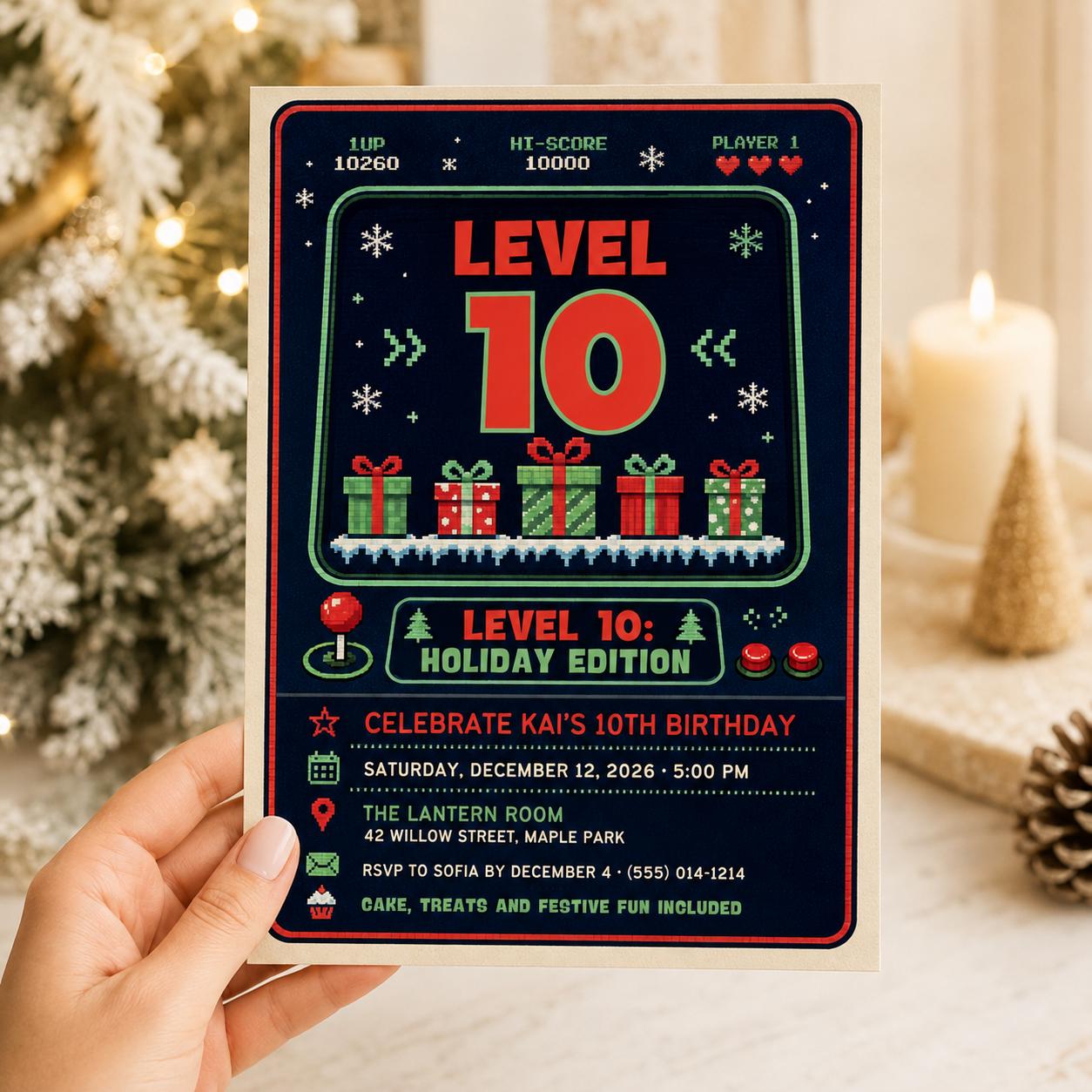 Video Game 10th Birthday Invitation, Christmas Gamer Level Up Party, Holiday Arcade Boy Invite, Editable Canva Template - Image 4