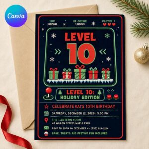 Video Game 10th Birthday Invitation, Christmas Gamer Level Up Party, Holiday Arcade Boy Invite, Editable Canva Template