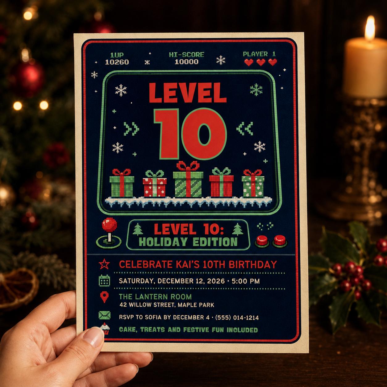 Video Game 10th Birthday Invitation, Christmas Gamer Level Up Party, Holiday Arcade Boy Invite, Editable Canva Template - Image 7