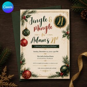 21st Birthday Christmas Invitation, Jingle and Mingle Holiday Party, Elegant Adult Winter Invite, Editable Canva Template