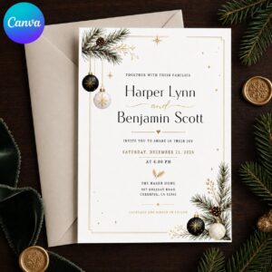 Christmas Wedding Invitation, Minimalist Black Gold Winter Invite, Elegant Holiday Greenery, Editable Printable Canva Template