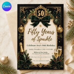 50th Birthday Invitation, Emerald Green Gold Christmas Party Invite, Elegant Milestone Printable Editable Canva Template