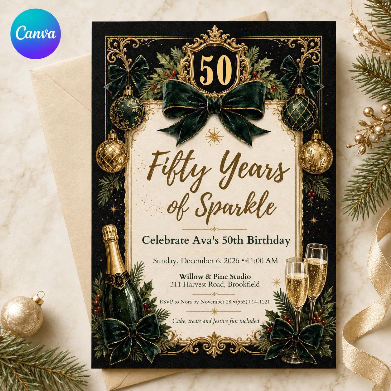 50th Birthday Invitation, Emerald Green Gold Christmas Party Invite, Elegant Milestone Printable Editable Canva Template