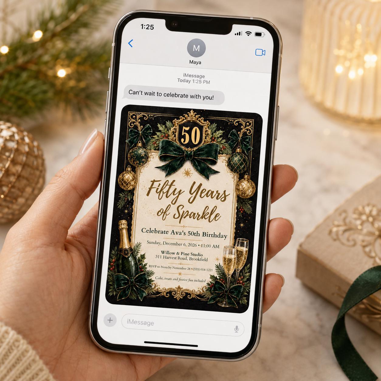 50th Birthday Invitation, Emerald Green Gold Christmas Party Invite, Elegant Milestone Printable Editable Canva Template - Image 3