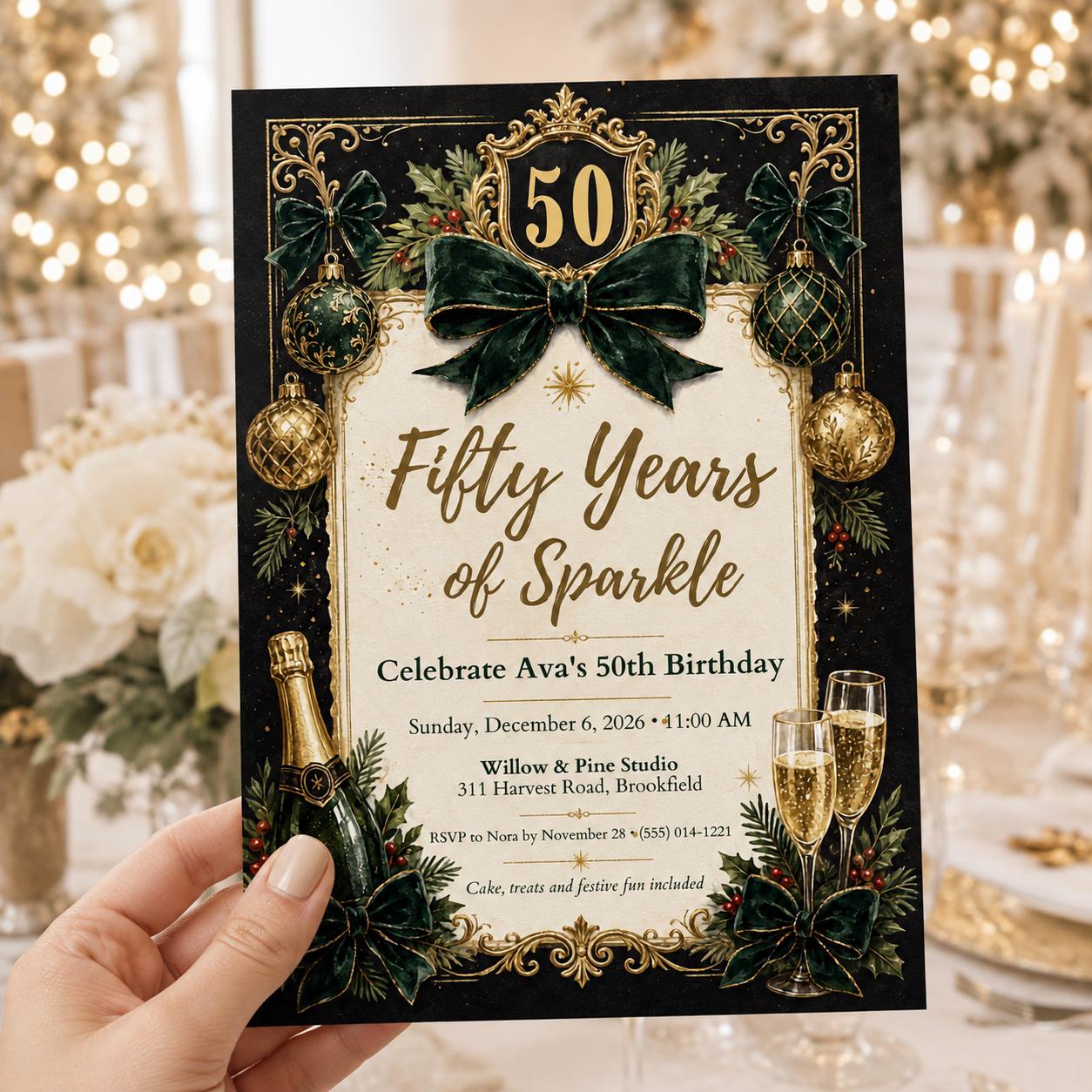 50th Birthday Invitation, Emerald Green Gold Christmas Party Invite, Elegant Milestone Printable Editable Canva Template - Image 4