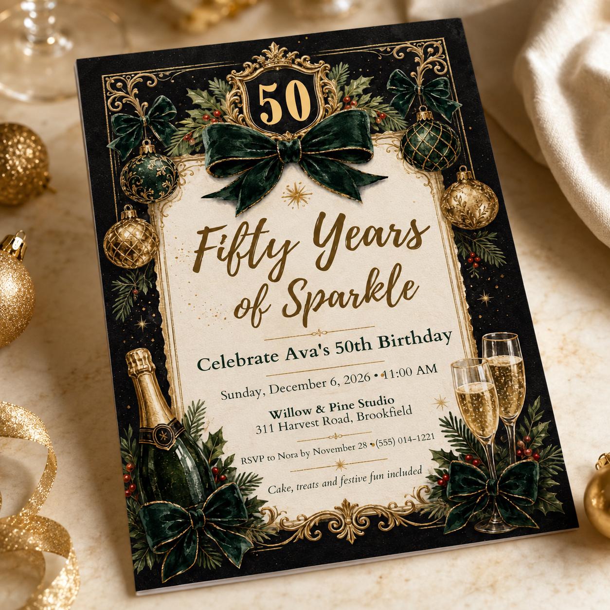 50th Birthday Invitation, Emerald Green Gold Christmas Party Invite, Elegant Milestone Printable Editable Canva Template - Image 6
