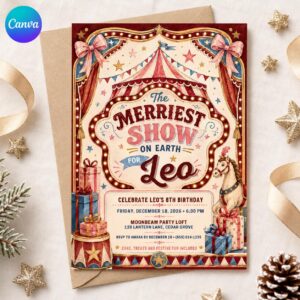 Circus Birthday Invitation, Christmas Carnival Party Invite, Vintage Kids Holiday Printable Editable Canva Template