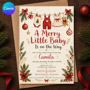 Christmas Baby Shower Invitation, Merry Little Baby Holiday Invite, Red Green Winter Printable Editable Canva Template
