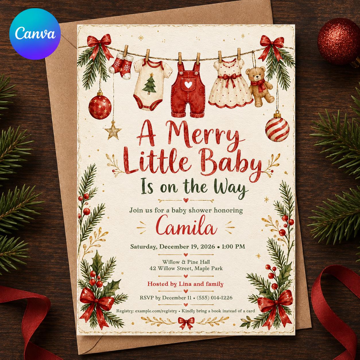 Christmas Baby Shower Invitation, Merry Little Baby Holiday Invite, Red Green Winter Printable Editable Canva Template