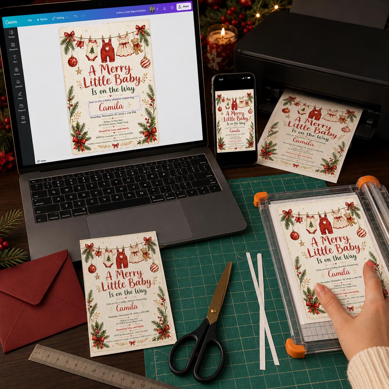 Christmas Baby Shower Invitation, Merry Little Baby Holiday Invite, Red Green Winter Printable Editable Canva Template - Image 5