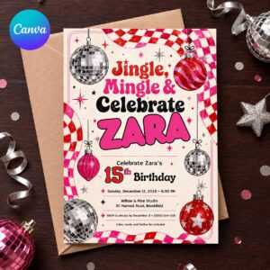 Christmas 15th Birthday Invitation, Pink Disco Holiday Party Invite, Retro Checkerboard Teen Girl Editable Canva Template