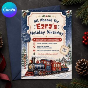 Christmas Train Birthday Invitation, North Pole Holiday Party Invite, Winter Train Kids Birthday Editable Canva Template