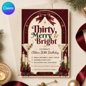 Christmas 30th Birthday Invitation, Thirty Merry Bright Cocktail Party, Burgundy Bow Martini Dinner Editable Canva Template