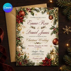 Christmas Wedding Invitation, Red Gold Winter Wedding Invite, Poinsettia Holly Greenery Holiday Ceremony Editable Canva Template