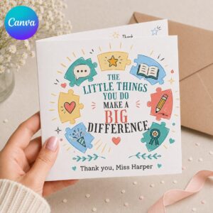 Teacher Appreciation Greeting Card, Thank You Teacher Printable from Student, Colorful Editable Card Canva Template