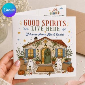 Halloween Housewarming Greeting Card, Good Spirits New Home Card for Couple, Autumn Printable Editable Canva Template