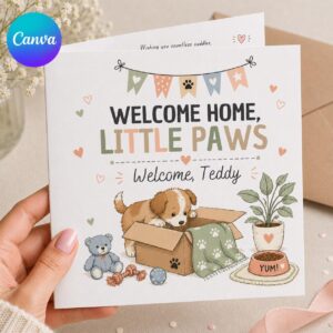 New Puppy Greeting Card, Welcome Home Little Paws Printable Dog Adoption Card, Editable Folded Card Canva Template
