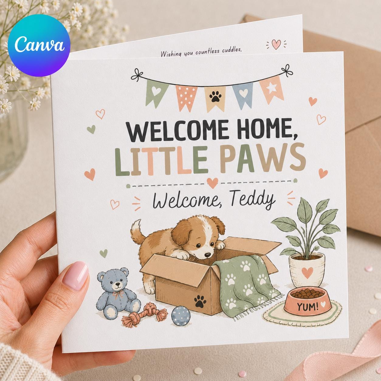 New Puppy Greeting Card, Welcome Home Little Paws Printable Dog Adoption Card, Editable Folded Card Canva Template