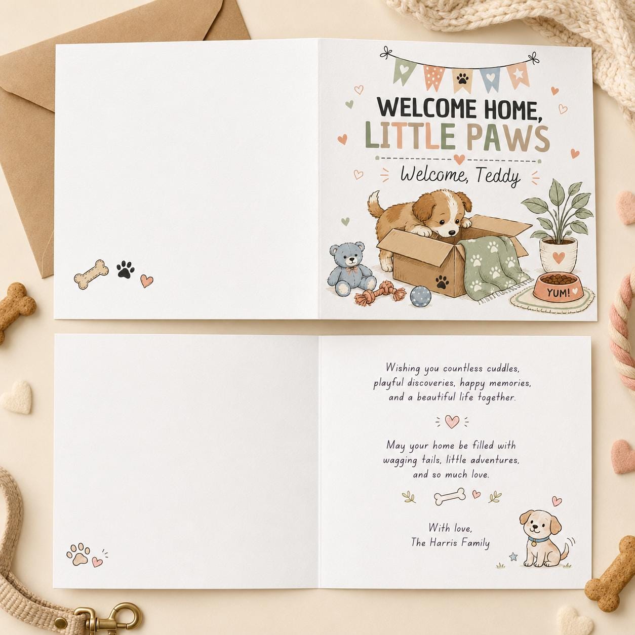 New Puppy Greeting Card, Welcome Home Little Paws Printable Dog Adoption Card, Editable Folded Card Canva Template - Image 3