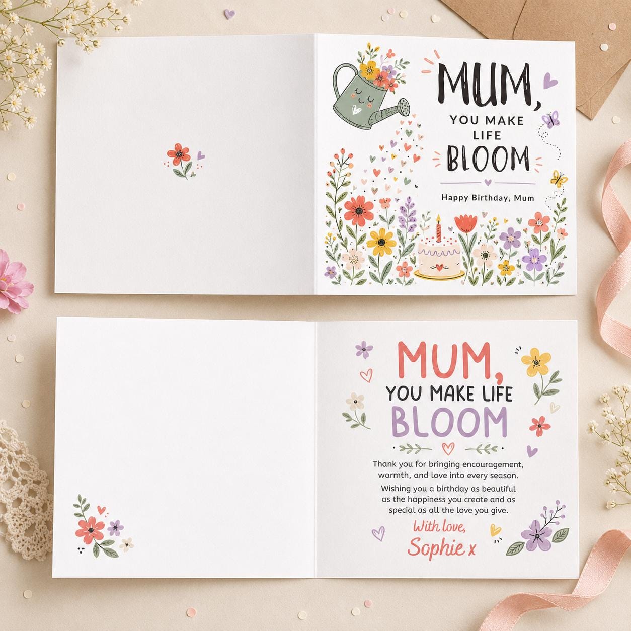 Mum Birthday Greeting Card, You Make Life Bloom Floral Printable Card, Editable Folded Card for Mum Canva Template - Image 3