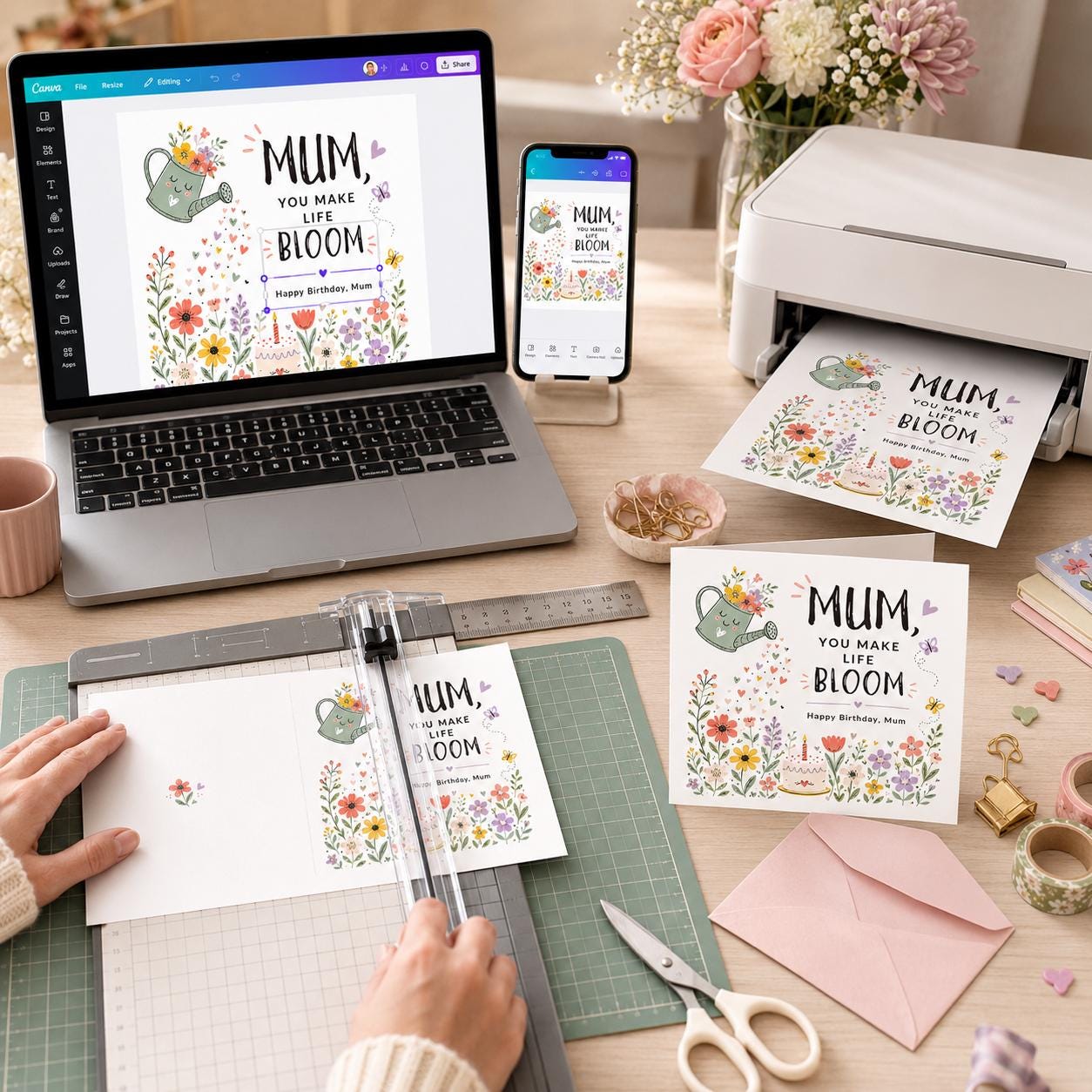 Mum Birthday Greeting Card, You Make Life Bloom Floral Printable Card, Editable Folded Card for Mum Canva Template - Image 5