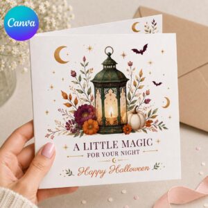 Elegant Halloween Greeting Card, Gothic Lantern and Autumn Floral Printable, Magical Editable Folded Card Canva Template